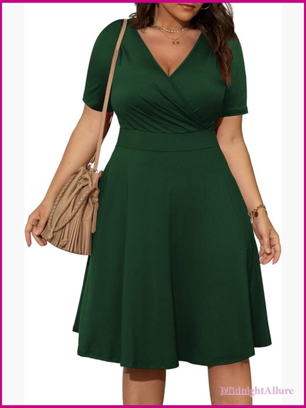 Plus Size Wrap V-Neck Short Sleeve Midi Dress with Pockets